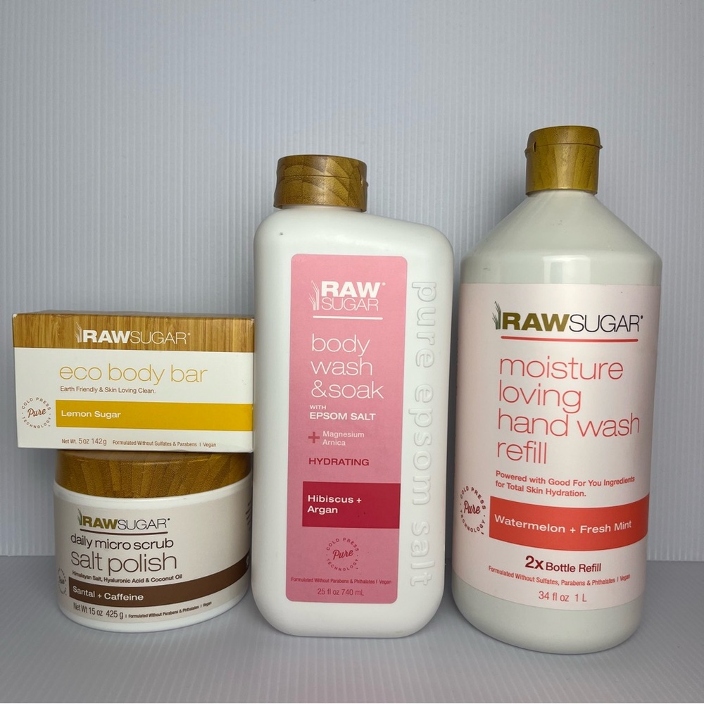NWT RAW SUGAR Body Wash, Hand Soap & Soak Bar Soap & Scrub Bundle